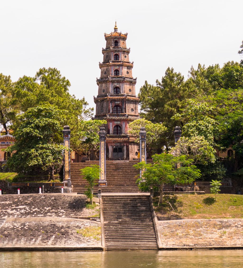 The Phuoc Duyen Tower at Thien Mu Pagoda on Perfume River in Hue Viet.
